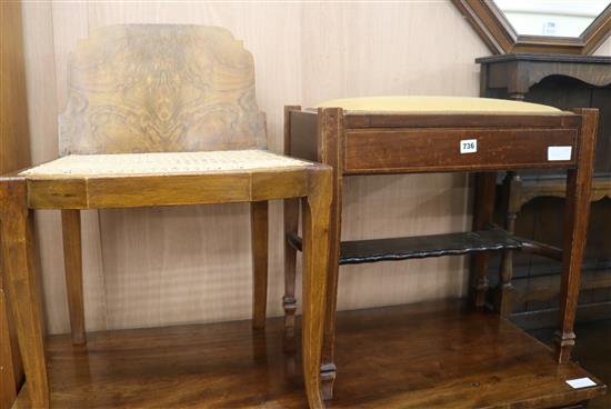 A walnut Art Deco chair and an inlaid piano stool W.54cm